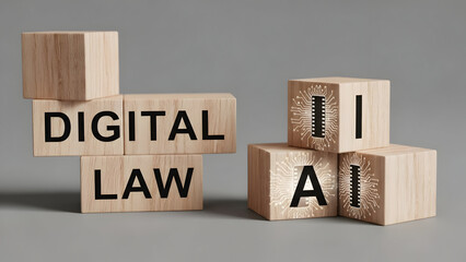 Wooden blocks spelling digital law and AI on gray background