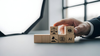 Businessman analyzing AI law and justice system with wooden blocks