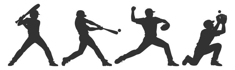 Baseball player silhouettes set, batter pitcher and catcher in action poses, sport vector illustration collection on transparent background © Alex