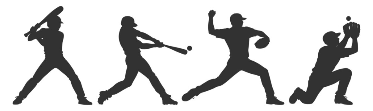 Baseball player silhouettes set, batter pitcher and catcher in action poses, sport vector illustration collection on transparent background