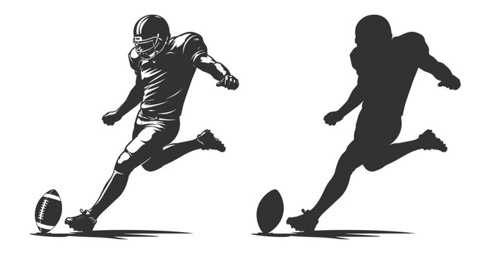 American football player silhouettes set, kicker athlete kicking ball in action pose, sport vector illustration collection on transparent background
