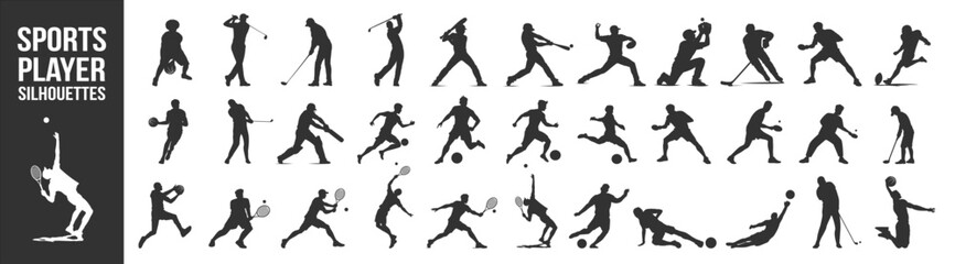 Sports player silhouettes collection, multi sport athletes in dynamic action poses, soccer football basketball baseball hockey tennis golf vector set on transparent background © Alex