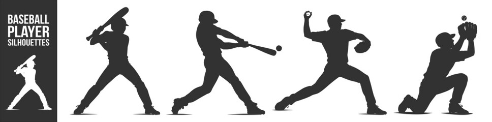 Baseball player silhouettes vector icon set, athletes batting pitching and catching ball, dynamic sports action collection on transparent background © Alex