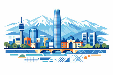 Obraz premium Vector Illustration of Contemporary Santiago de Chile with Modern Buildings and the Andes Mountains on a White Background