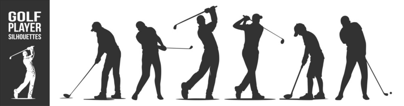 Golf player silhouettes vector set, monochrome professional golfers in swing and putting actions, classic sports figures isolated on transparent background
