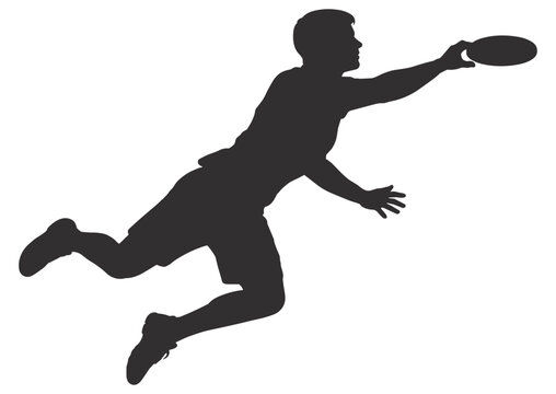 Ultimate frisbee player silhouette in jumping catch action, dynamic sports vector illustration on transparent background