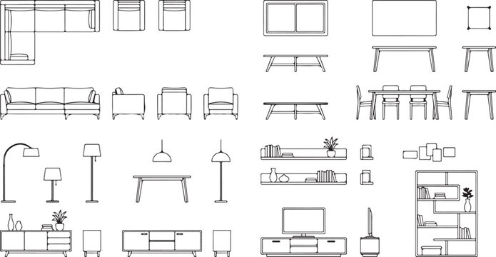 Clean CAD Outline Furniture Vector Line Art Icon Set