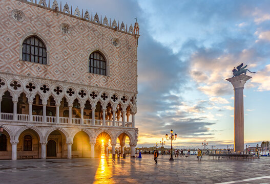 Doge's palace on St. Mark's square at sunrise, Venice, Italy