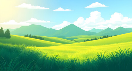 green, grass, blue, sky, landscape, cartoon, nature, outdoor, meadow, field, hills, countryside, rural, scenery, background, sunny, daylight, spring, summer, fresh, bright, peaceful, calm, serene, cut