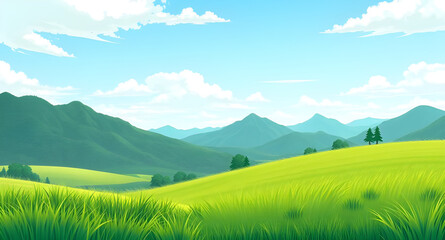 Obraz premium green, grass, blue, sky, landscape, cartoon, nature, outdoor, field, meadow, hill, hills, countryside, rural, scenery, background, sunny, daylight, spring, summer, fresh, bright, peaceful, calm, seren