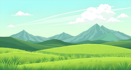 green, grass, blue, sky, landscape, cartoon, nature, outdoor, field, meadow, hill, hills, countryside, rural, scenery, background, sunny, daylight, spring, summer, fresh, bright, peaceful, calm, seren