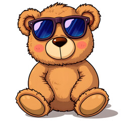 bear, teddy, sunglasses, cartoon, cute, funny, cool, playful, happy, smiling, character, illustration, vector, flat, simple, colorful, kids, child, toy, plush, soft, fluffy, animal, friendly, adorable