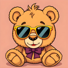 bear, teddy, sunglasses, cartoon, cute, funny, cool, playful, happy, smiling, character, illustration, vector, flat, simple, colorful, kids, child, toy, plush, soft, fluffy, animal, friendly, adorable