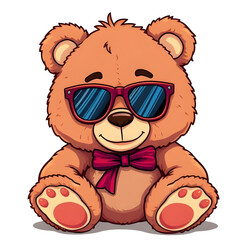 teddy, bear, cartoon, sunglasses, cute, cool, fun, playful, happy, smiling, character, mascot, illustration, vector, flat, simple, colorful, kids, children, toy, plush, soft, animal, friendly, adorabl