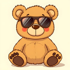 teddy, bear, sunglasses, cartoon, cute, funny, cool, playful, happy, smiling, character, mascot, illustration, vector, flat, simple, colorful, kids, child, toy, soft, fluffy, animal, friendly, cheerfu