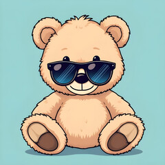 teddy, bear, sunglasses, cartoon, cute, funny, cool, playful, happy, smiling, character, mascot, illustration, vector, flat, simple, colorful, kids, child, toy, soft, fluffy, animal, friendly, cheerfu