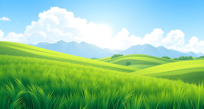 green, grass, blue, sky, landscape, cartoon, nature, outdoor, field, meadow, hill, hills, countryside, rural, scenery, background, sunny, daylight, spring, summer, fresh, bright, peaceful, calm, seren
