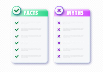 Myths vs facts frame template isolated on transparent background. Fact checking or easy compare evidence for test, quiz, game, news