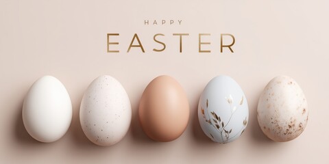 Happy Easter gold typography with row of natural and decorated eggs on soft beige background