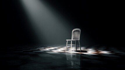 Dramatic illuminated wooden chair against dark checkered floor. Atmospheric light beam