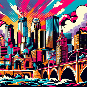 Vibrant pop-art of the Minneapolis skyline. Features the Foshay Tower and Stone Arch Bridge in neon pink, teal, and gold. Bold comic-style outlines and halftone dots create a high-energy urban scene.