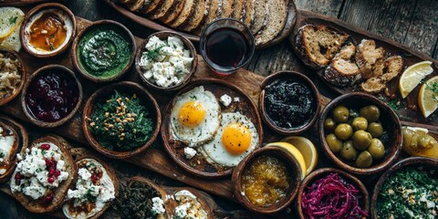 A rustic brunch spread featuring a variety of dishes including pastries, fried eggs, cheeses, vegetables, spreads, and bread on a wooden table.