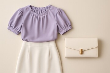 Minimalist flat lay presenting a stylish lavender top, a white pencil skirt, and a matching clutch for women's fashion