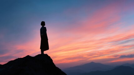Fototapeta premium Silhouette of woman standing on mountain at sunset with vibrant sky.