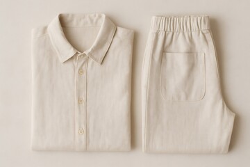 Cream colored shirt and pants set, made from natural fabric, folded neatly. Presenting a minimalist, comfortable look