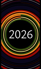 Circular timeline illustration with multicolored concentric rings surrounding central 2026 year on dark background. Illustration