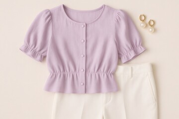 Styling a lavender peplum blouse with short puffy sleeves, white cropped pants, and elegant pearl hoop earrings for spring