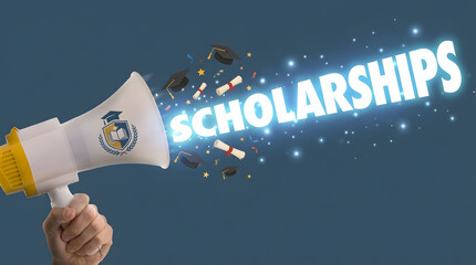 A hand holds a bright white and yellow megaphone announcing glowing scholarships with graduation caps and diplomas flowing outward on a dark blue back