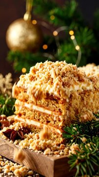 Festive multilayered honey cake decorated with crumbs and placed on a wooden board for a holiday dessert setting.