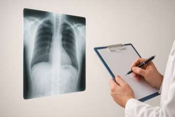 Doctor hands holding clipboard and pen writing notes while reviewing a digital chest x ray image on a screen