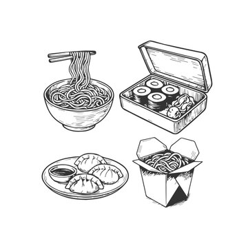 Sushi maki rolls, dumplings, ramen and  chinese noodles engraved sketch set