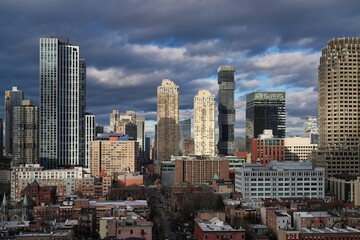 Jersey City on a cloudy winter evening.