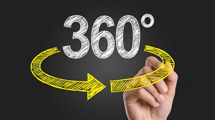 Human hand sketching 360 degree virtual reality concept with a bright yellow arrow on a dark digital background showing full perspective