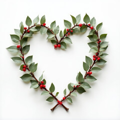 Heart-shaped arrangement of green leaves and red berries on white background, symbolizing love and nature