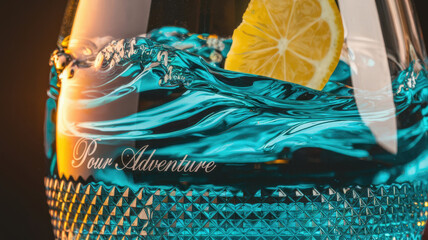 Close-up of a glass filled with blue liquid and a lemon slice, featuring the text Pour Adventure on the surface
