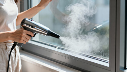 Woman using handheld steam cleaner to clean glass window with visible steam and water droplets