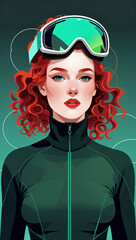 Illustration of a woman with red curly hair wearing ski goggles and a green sports jacket