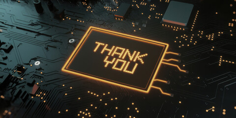 Thank you message displayed on a circuit board with glowing lights