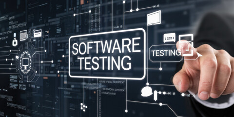 Software testing concept with hand interacting on digital interface