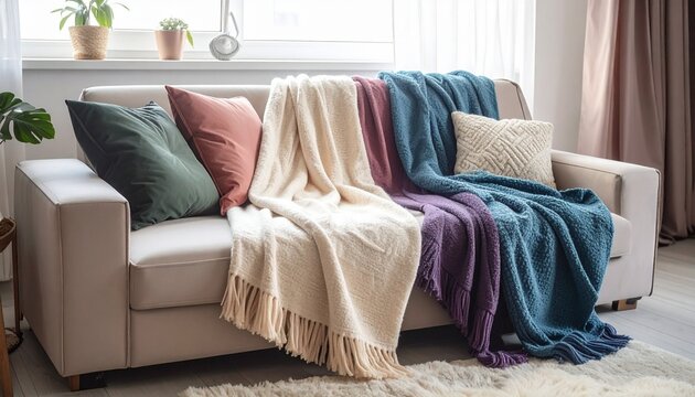 bunte decken auf einer gem&uuml;tlichen Couch