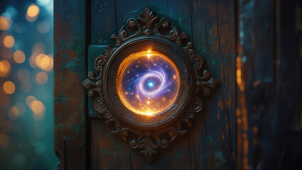 Ornate wooden door with glowing cosmic portal in circular frame, surrounded by magical atmosphere