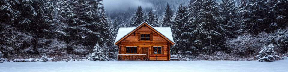 A wooden cabin sits in a snowy forest with snow-covered trees surrounding it. Concept of winter solitude and tranquility.