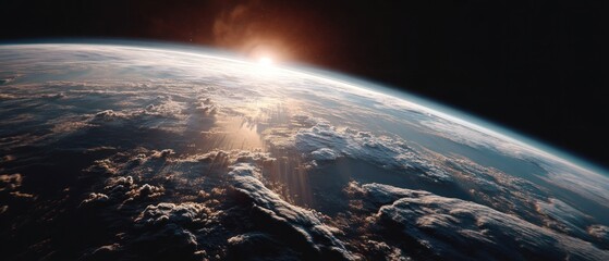 Earth from space at sunrise illustrating atmosphere and clouds concept