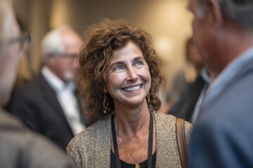 smiling middle-aged business woman at an event, talking to other people