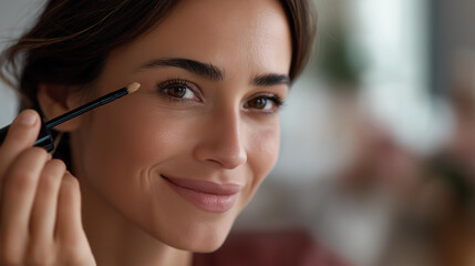 Young woman's face applying liquid foundation makeup with brush applicator beauty routine skincare cosmetics application tutorial personal care ritual natural beauty