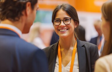 business woman smiling and talking to other people at the trade show